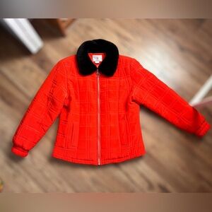 VTG Tomato Red-Orange Bomber Quilted SILK Puffer Faux Fur Plush Collar Jacket